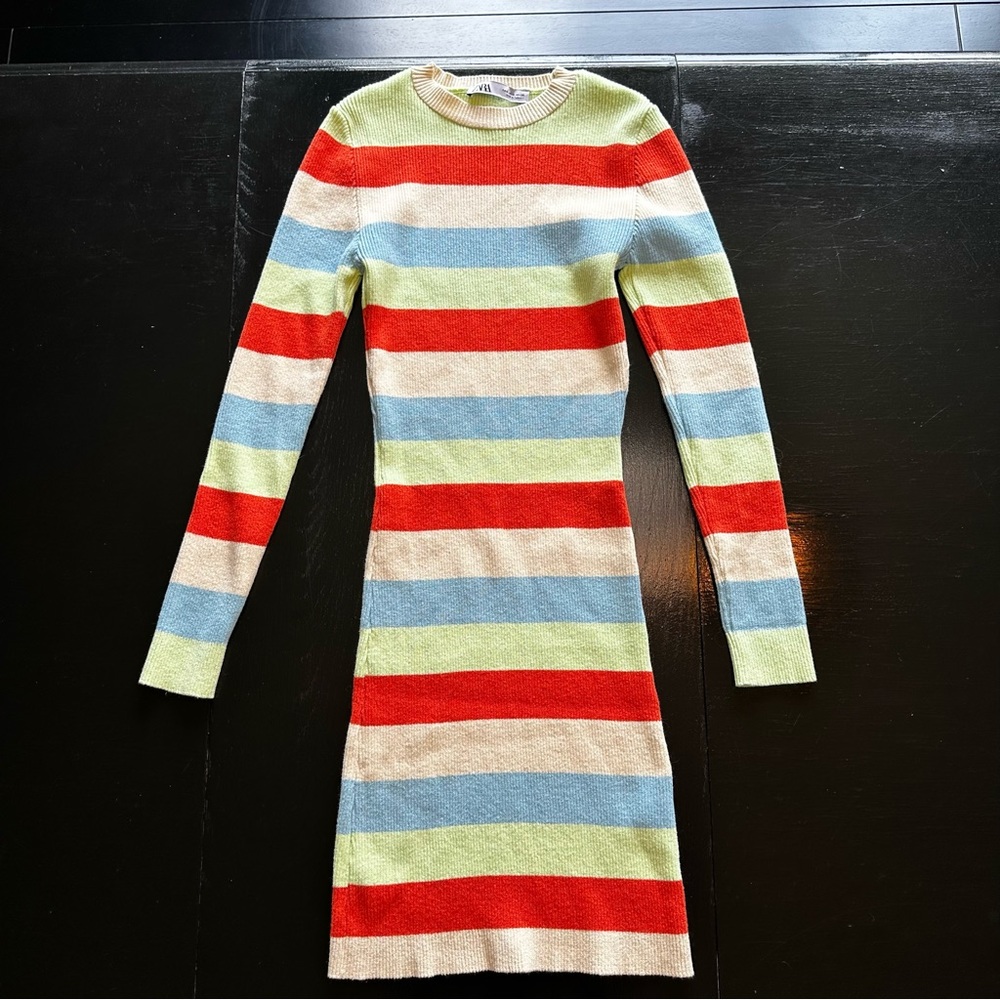 Zara Small Retro Look Striped Dress White Blue Green Red Corduroy Long Sleeve